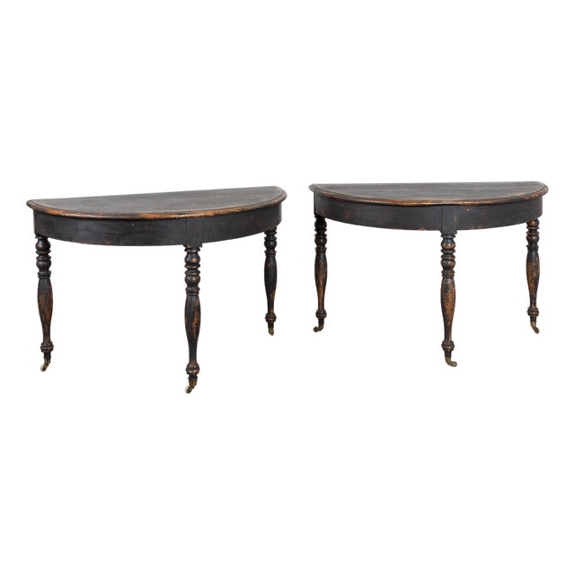Pair of 19th Century Swedish Black Painted Demilune Console Tables For Sale