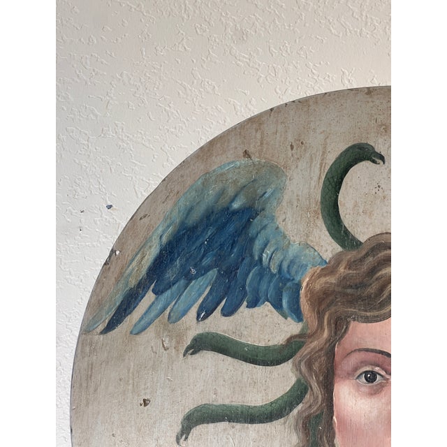 Baroque Allegorical Hand-Painted Oil on Wood Baroque Wall Hanging Plaque of Winged Medusa For Sale - Image 3 of 15