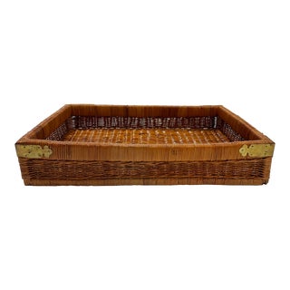 Vintage Wicker Basket Tray With Brass Hardware For Sale