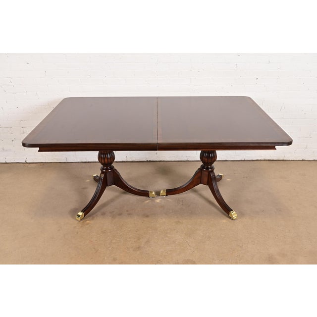 Wood Baker Furniture Style Georgian Banded Mahogany Double Pedestal Extension Dining Table, Newly Refinished For Sale - Image 7 of 13