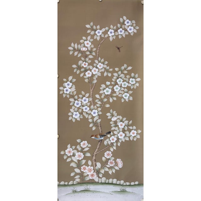 Chinoiserie Chinoiserie Hand-Painted Wallpaper Panels, Taupe Background With Floral & Bird Motifs, Set of 2 For Sale - Image 3 of 5