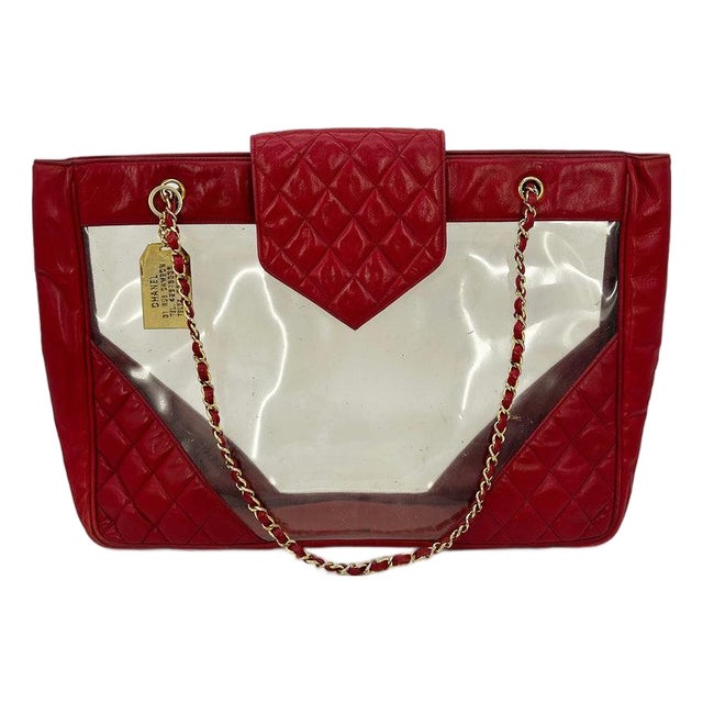 Chanel Vintage Red Leather Clear PVC Shoulder Bag Tote c1990s For Sale