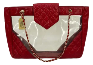 Chanel Vintage Red Leather Clear PVC Shoulder Bag Tote c1990s