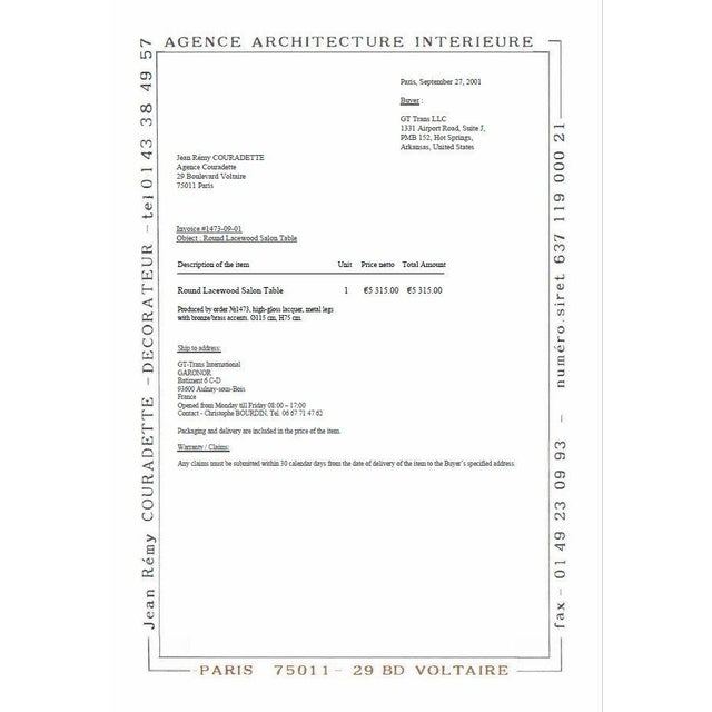 Vintage French Round Lacewood Salon Table by Jean-Rémy Couradette, 2001 For Sale - Image 6 of 7