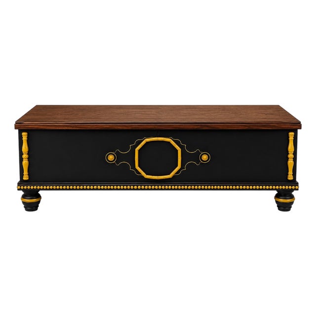 Mid 20th Century Matte Black & Canary Yellow Storage Cocktail Table With Old Chapel Satin Walnut Top For Sale
