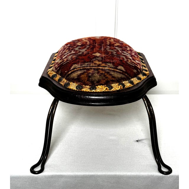 Vintage Spanish Revival Upholstered Mahogany Wood & Metal Low Stool, Oxblood Red, Rust, Gold For Sale In Houston - Image 6 of 12