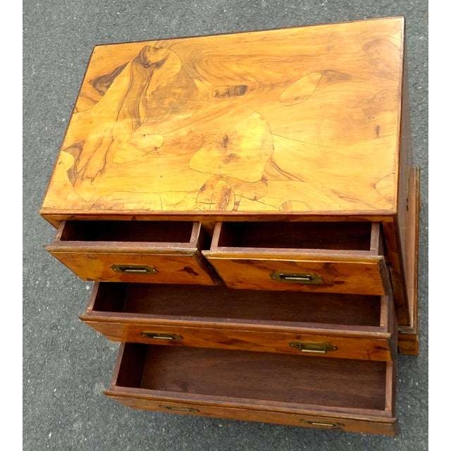 Tan Mid 20th Century Burl Olivewood Italian Campaign Style Petite Four-Drawer Chest For Sale - Image 8 of 11