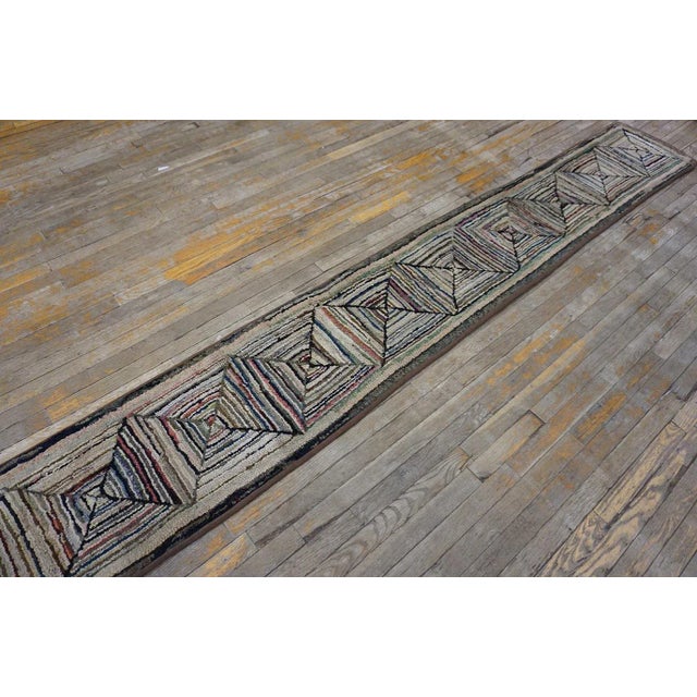 American 1900s Tan Ecru Log Cabin Folk Art Antique American Hooked Rug 1'6'' X 20'2'' Woven Carpet Runner For Sale - Image 3 of 12