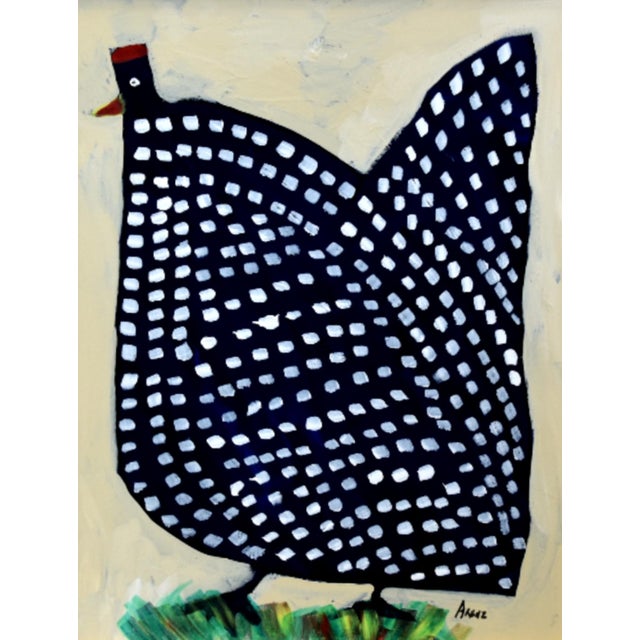 Farmhouse Original Dark Blue Folk Art Chicken Hen Painting by Ruth Arenz Including the Antiqued Gold Wood Fame For Sale - Image 3 of 5