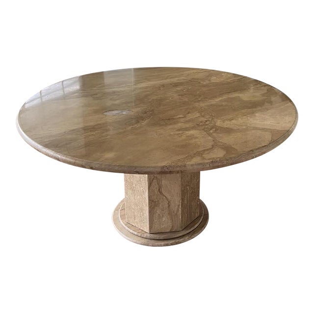 1960s Hollywood Regency Round Post Modern Pedestal Base Beige Marble Dining Center Table For Sale
