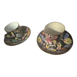 Vintage Chinese Canton Hand Painted Mille Fleur Thousand Flowers Tea Cups & Saucers- 4 Pieces