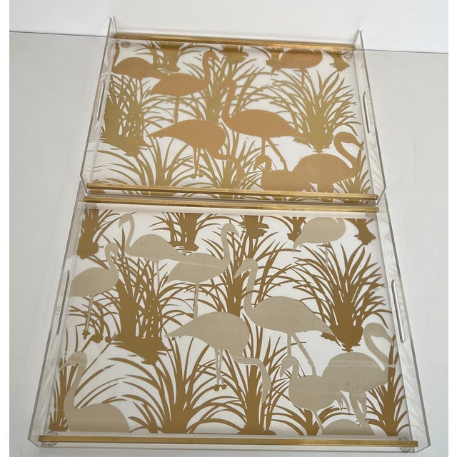 Pair of Lucite and brass trays decorated with gilded birds For Sale - Image 4 of 12