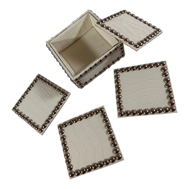 1990s Cool, Faux Alligator, Print, Stacking 4 Coasters With Silver Nail Heads with Box For Sale