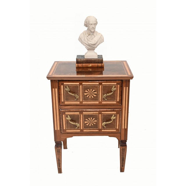 Gorgeous French bedside cabinet in the Empire style. Love the distinctive inlay work. Bought from a dealer on Marche Biron...