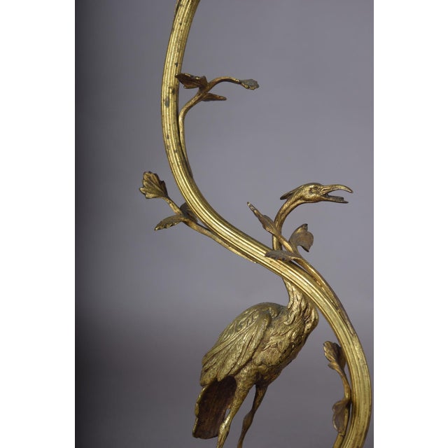 Art Deco Gilt Bronze Sculpted Crane Table Lamps with Branch and Leaf Stems, Europe, 1930s, Set of 2 For Sale - Image 4 of 17