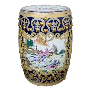 20th Century Chinoiserie Asian Garden Stool or Plant Stand Ornate Hand Painted Glazed Ceramic For Sale