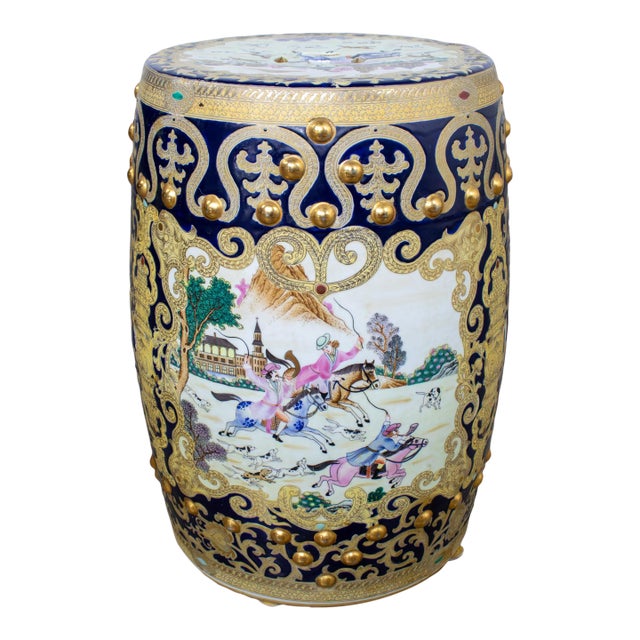 20th Century Chinoiserie Asian Garden Stool or Plant Stand Ornate Hand Painted Glazed Ceramic For Sale