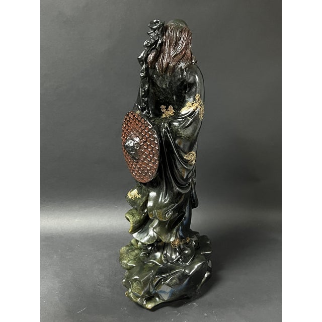 Chinese Art Large Carved Dark Green Soapstone Bodhidharma Statue For Sale - Image 11 of 13