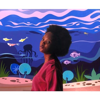 Portrait of a Lady in Search of Her Goldfish by Daniel Sowemimo | Oil on canvas woman with goldfish underwater For Sale