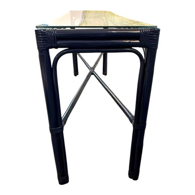 Mid-Century Modern Vintage Faux Bamboo Rattan Console Table – Benjamin Moore Old Navy For Sale - Image 3 of 6
