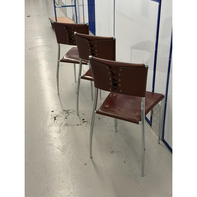 Vintage Ginger Cognac Leather and Chrome Dining Chairs from Fasem, Italy, 1980s, Set of 3 For Sale - Image 9 of 12
