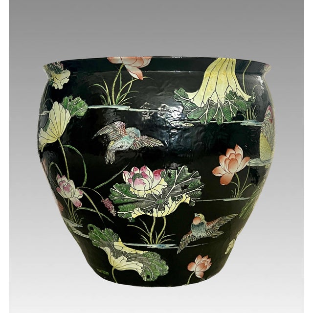 Huge Chinese Famille Noire Black Porcelain Jardiniere, Mandarin Ducks, Birds & Lotus Pond Goldfish Bowl Planter, Signed, Hong Kong For Sale - Image 4 of 14