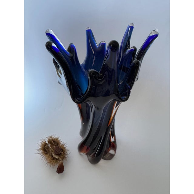 1980s Cobalt Blue Bohemian Art Glass Sculptural Vase with Amber Base from Egermann, 1980s For Sale - Image 5 of 14