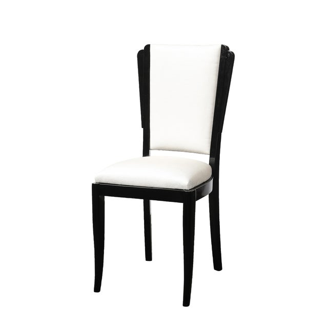 Art Deco Set of 6 Art Deco Skyscraper Black Lacquer & Off White Upholstery Dining Chairs For Sale - Image 3 of 16
