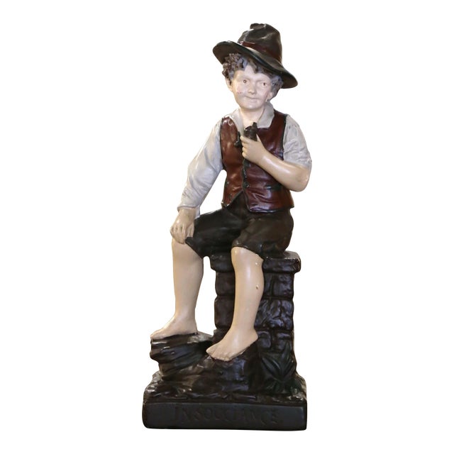 Mid 20th Century Mid-Century French Polychrome Terracotta Boy Figurine Titled "Insouciance" For Sale