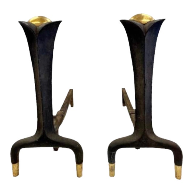 Vintage 50s Mid Century Modern Art Deco Donald Deskey Wrought Iron & Brass Fireplace Andirons For Sale