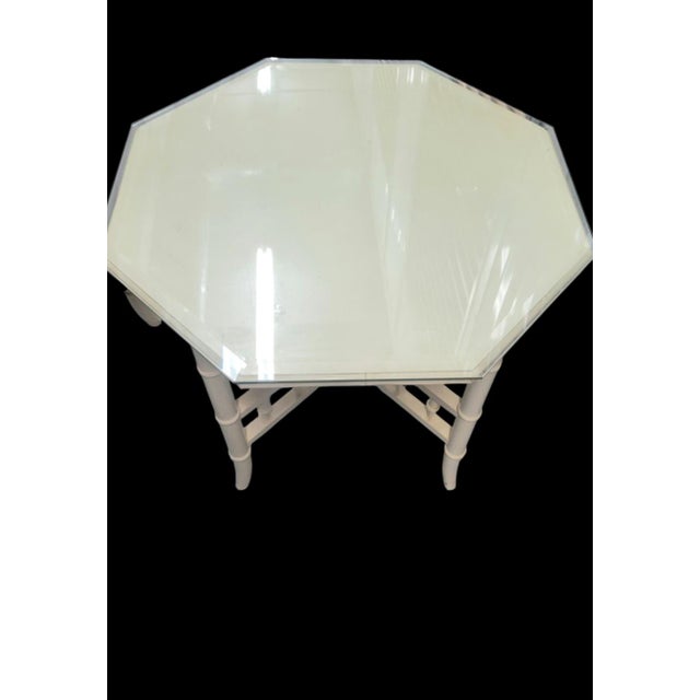 Off-white Vintage Off White Fretwork Faux Bamboo Octagonal Oversized Glass Top Side Tables- A Pair For Sale - Image 8 of 11