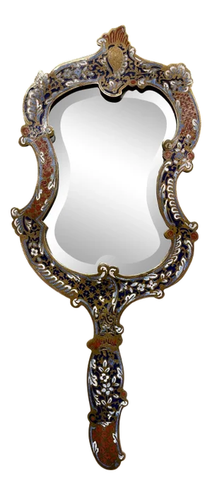 19th Century French Brass and Champleve Hand Vanity Mirror With Beveled Glass