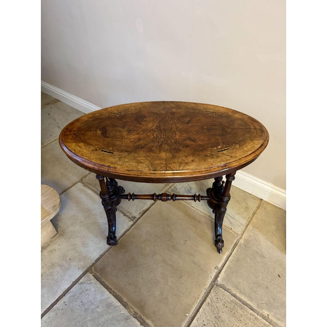 Brown Antique Victorian Burr Walnut Inlaid Oval Occasional Table, 1860 For Sale - Image 8 of 9