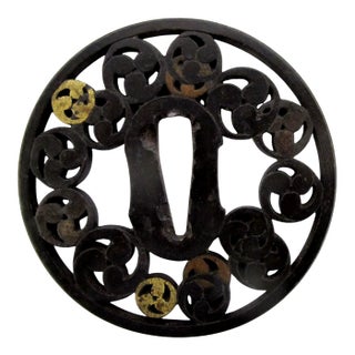 Iron Tsuba Fine Openwork Hidari-Mitsudomoe Kobayakawa Japanese Edo Sword Guard For Sale