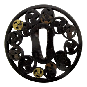 Iron Tsuba Fine Openwork Hidari-Mitsudomoe Kobayakawa Japanese Edo Sword Guard
