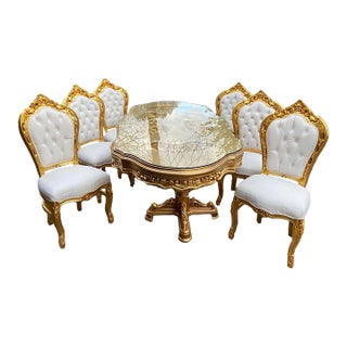 Late 20c Italian Baroque White Gold Beech Dining Set 7Pc For Sale
