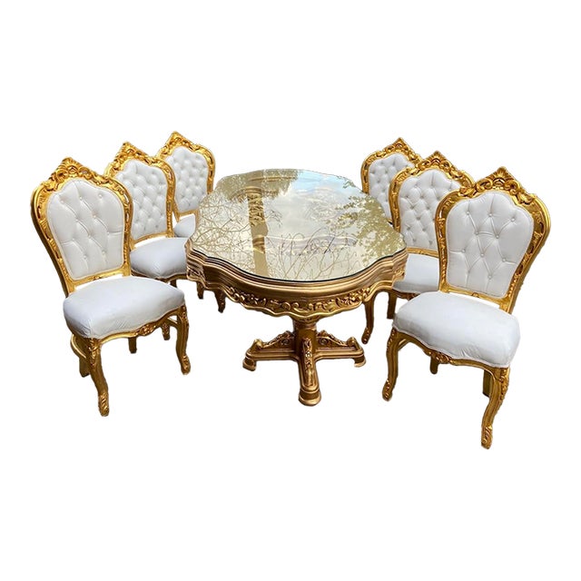 Late 20c Italian Baroque White Gold Beech Dining Set 7Pc For Sale
