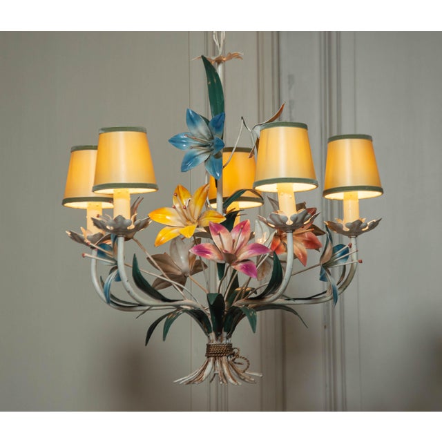 Metal Polychrome Chandelier with Metal Painted Flowers, Italy, 1950s For Sale - Image 7 of 8