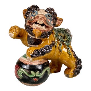 Vintage Chinese Porcelain Glazed Golden Foo Dog Figural Sculpture For Sale