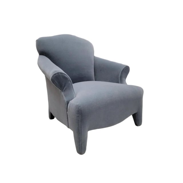 Vintage Postmodern Donghia Luciano Lounge Chair & Ottoman Newly Reupholstered in a "Steel-Blu" Italian Mohair - 2 Piece...