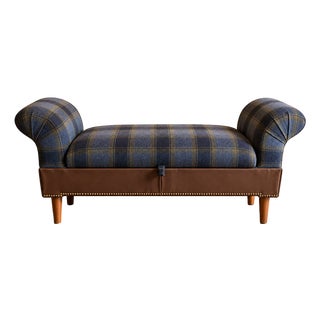 Newly Upholstered English Plaid Storage Bench | Rolled Arms For Sale