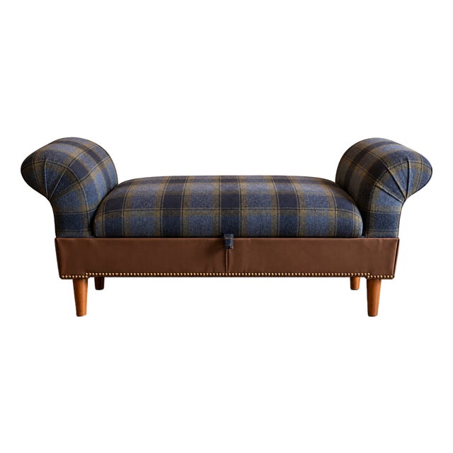 Newly Upholstered English Plaid Storage Bench | Rolled Arms For Sale