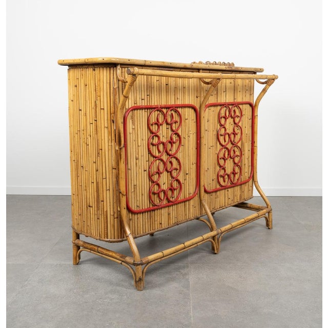 Bamboo and Rattan Cabinet Bar with Stools attributed to Tito Agnoli, Italy, 1950s, Set of 3 For Sale - Image 15 of 18