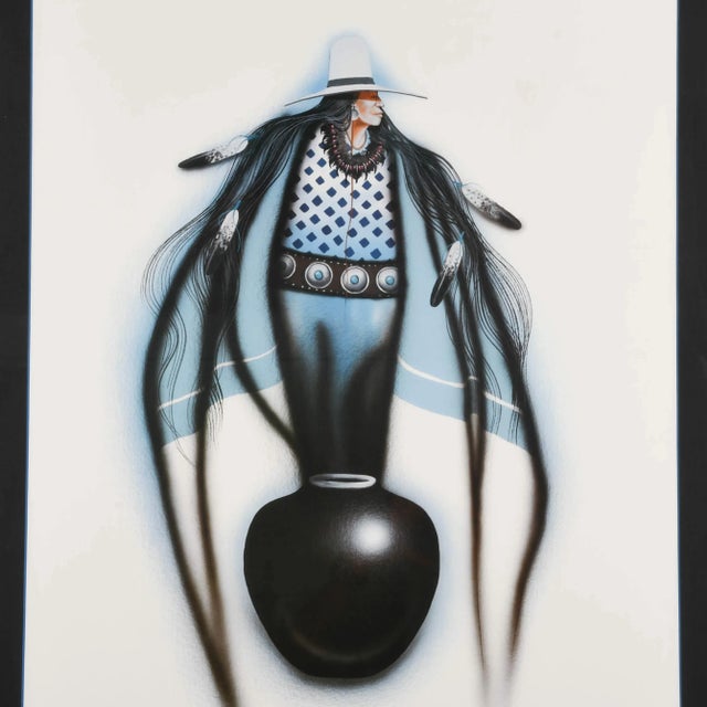 This Framed Signed Blue Spirit Print by Robert Redbird (1939-2016) is a compelling piece of Native American artwork that...
