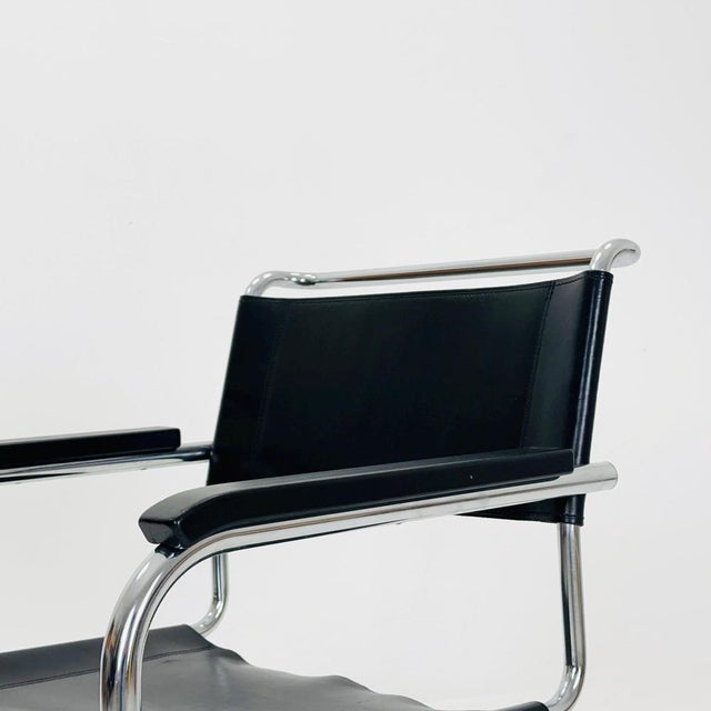 Wood Bauhaus Black Leather Iconic Armchair by Mart Stam for Thonet, 1980s For Sale - Image 7 of 11