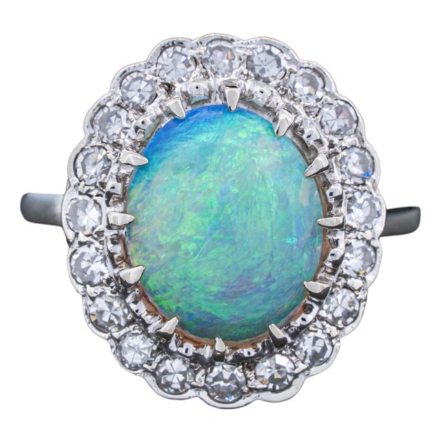 Vintage Australian Opal Diamond Halo Ring 14k White Gold Circa 1910 Size 5.25 For Sale