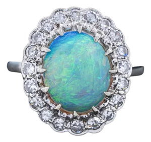 Vintage Australian Opal Diamond Halo Ring 14k White Gold Circa 1910 Size 5.25