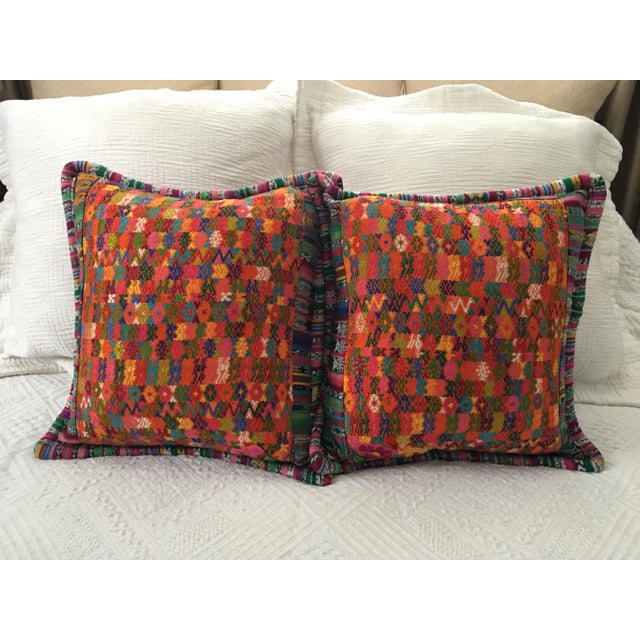 Guatemalan Textile Cushion Cases Orange Pattern a Pair For Sale - Image 4 of 4
