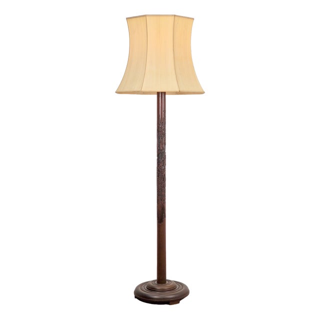 Art Deco Asian Style Carved Wood Floor Lamp, 1930s For Sale