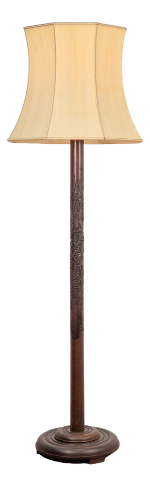 Art Deco Asian Style Carved Wood Floor Lamp, 1930s